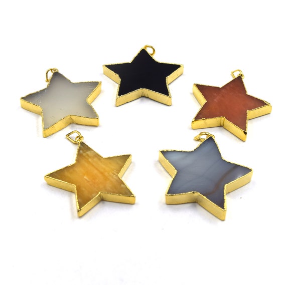Gold Electroplated Star Gemstone Pendants | Agate Star Pendants | 45mm X 45mm | Black Agate, Natural Agate, Red Agate, Banded Agate