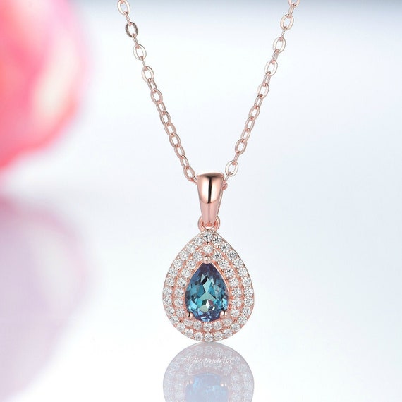 Teardrop Alexandrite Necklace- 14k Rose Gold Vermeil Teal & Purple Gemstone Double Halo Necklace June Birthstone Anniversary Gift For Her