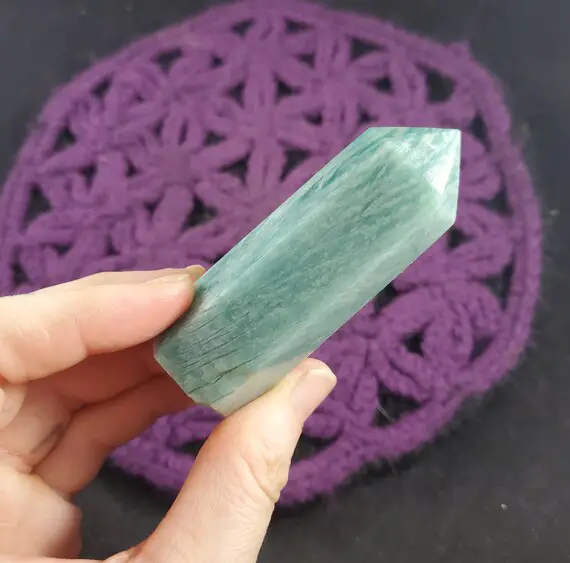 Amazonite Polished Point Healing Stones Generator Tower Crystal Self Standing Green Silver Shimmer Crystal Obelisk