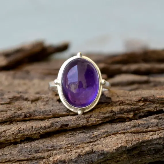 Natural Purple Amethyst Gemstone Ring- February Birthstone Ring- Oval Cabochon Ring- 925 Sterling Silver Ring- Purple Amethyst Gift Ring