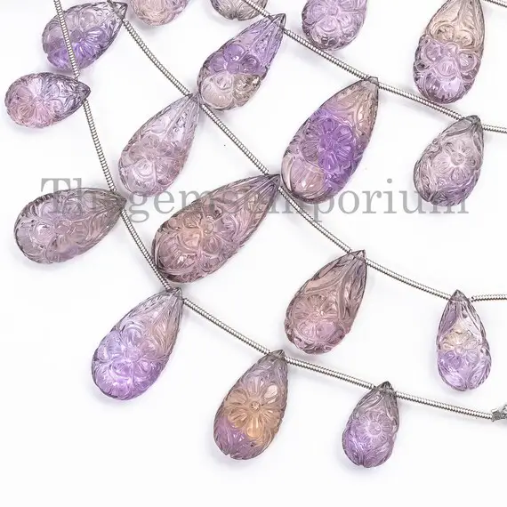 5 Pieces New Arrivals Ametrine Pear Carving Flower Beads, Ametrine Carving Beads, Flower Carving Beads, Ametrine Pear Beads, Gemstone Beads
