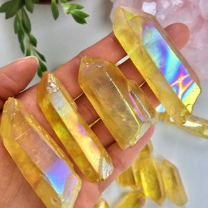 Shop Angel Aura Quartz Points & Wands! Large Yellow Aura Quartz Point, Yellow Angel Aura Quartz, Honey Aura Quartz Point, Aura Quartz, Angel Aura Crystal, Yellow Angel Aura Quartz | Natural genuine stones & crystals in various shapes & sizes. Buy raw cut, tumbled, or polished gemstones for making jewelry or crystal healing energy vibration raising reiki stones. #crystals #gemstones #crystalhealing #crystalsandgemstones #energyhealing #affiliate #ad