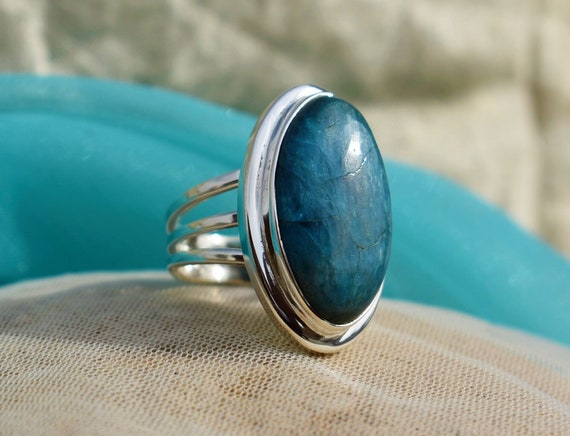 Handmade Apatite Ring, 925 Sterling Silver, Marquise Shape, Blue Color Stone, Triple Band Ring, Bezel Set, Silver Ring, Can Be Personalized