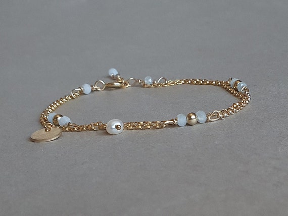 Aquamarine Double Chain Bracelet, Gold Stacking Bracelet, March Birthstone, Layered Bracelet, Aquamarine Jewelry