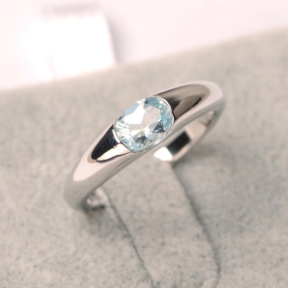 Aquamarine Ring March Birthstone Oval Cut Ring Sterling Silver Engagement Ring For Women