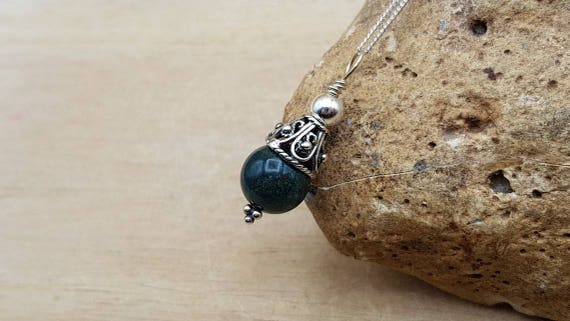 Small Bloodstone Pendant. Bali Silver. March Birthstone Necklace.  Reiki Jewelry. Dark Green Semi Precious Stone 10mm