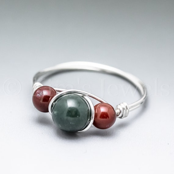 Bloodstone Heliotrope Green & Red Sterling Silver Wire Wrapped Gemstone Bead Ring - Made To Order, Ships Fast!