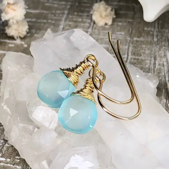 Blue Chalcedony Earrings Gold Filled Or Sterling Silver Wrapped Natural Gemstone Simple Small Dainty Dangle Drops Gift For Her Women 6602