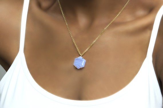 Blue Lace Agate Necklace · Hexagon Necklace · 18k Crystal Necklace · Cut Gemstone Pendant Gift · Agate Necklace For Women