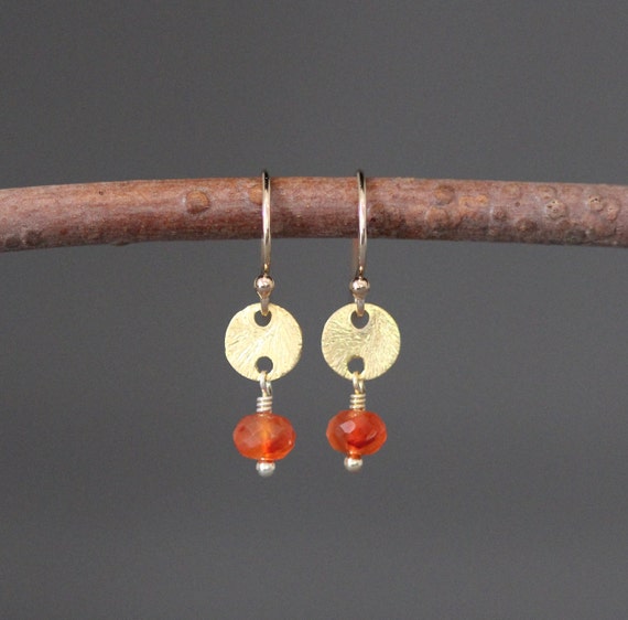 Carnelian And Gold Earrings - Orange Gemstone Earrings - Brushed Gold Earrings - Small Gold Earrings