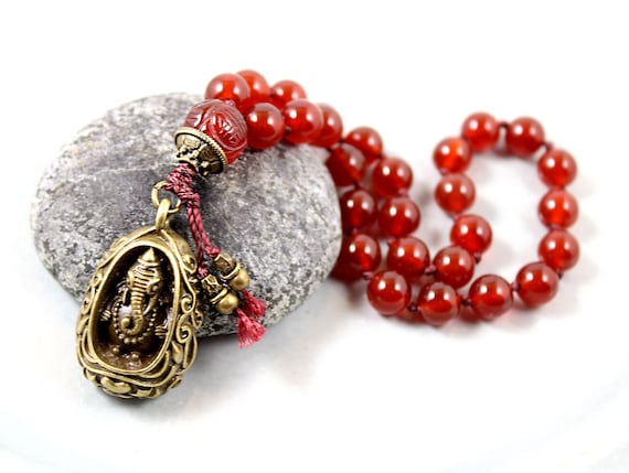 Ganesh Red Carnelian Pocket Mala 27 Beads, Or Mala 108, Ganesha Elephant Mala Necklace, Yoga Beads, Fertility Symbol, Travel Mala 27 Beads