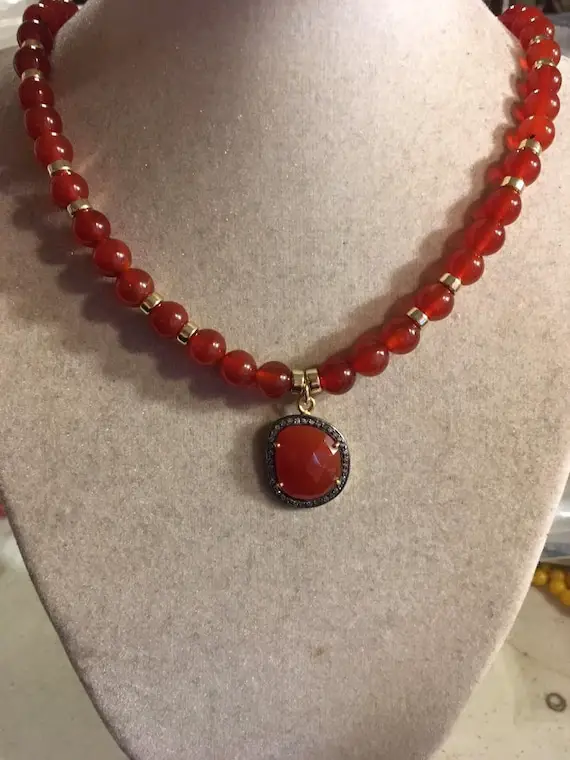 Carnelian Necklace - Orange Gemstone Jewellery - Gold Jewelry - Fashion - Beaded - Pendant