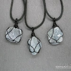 Shop Celestite Jewelry! Celestite rough necklace, Celestine raw pendant, black wire wrapped crystal, Unisex amulet, men gift jewelry | Natural genuine Celestite jewelry. Buy crystal jewelry, handmade handcrafted artisan jewelry for women.  Unique handmade gift ideas. #jewelry #beadedjewelry #beadedjewelry #gift #shopping #handmadejewelry #fashion #style #product #jewelry #affiliate #ad