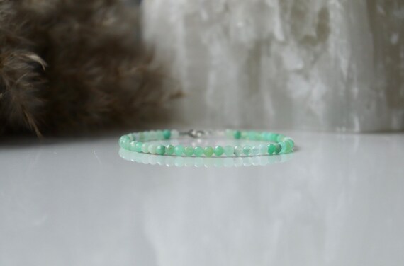 Genuine Chrysoprase Bracelet, Green Gemstone Bracelet, 3mm Bead Bracelet, Chalcedony Jewelry Sterling Silver, Delicate Womens Bracelet