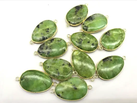 Natural Green Chrysoprase 20x40mm Nuggets Shape Genuine Gemstone Pendant Bead With Goldcopper Plated Side ---1 Piece