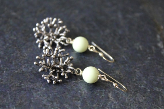 Chrysoprase Antique Silver Coral Earrings, Antique Silver Coral Link, 8mm Green Chrysoprase Beads, Sterling Silver, Chrysoprase Earrings