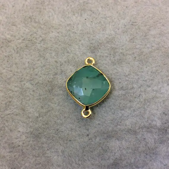 Gold Finish Faceted Chrysoprase  Diamond Shape Plated Copper Bezel Connector Component - ~ 12mm X 12mm - Sold Individually - Random