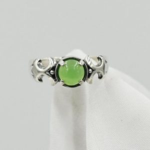 Shop Chrysoprase Rings! Chrysoprase Ring, Genuine Cabochon Gemstone 6 mm Round, Set in 925 Sterling Silver  Fleur De Lis Pattern Ring | Natural genuine Chrysoprase rings, simple unique handcrafted gemstone rings. #rings #jewelry #shopping #gift #handmade #fashion #style #affiliate #ad