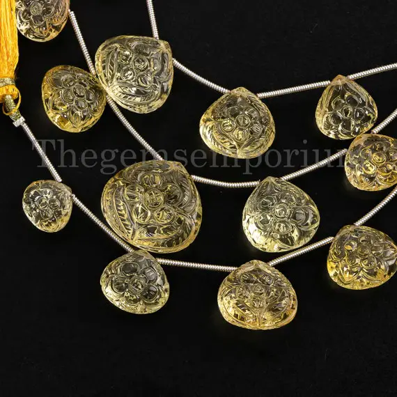 5 Beads Extremely Rare Flower Carving Citrine Heart Shape Beads, Citrine Carving Heart  Beads, Citrine Carving Beads, Citrine Beads