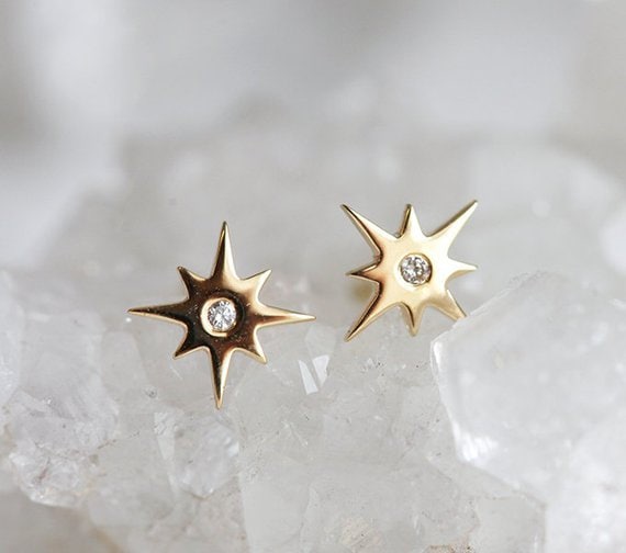 Diamond Earrings, Solid Gold Starburst Earrings, 14k Gold Star Studs, Celestial Cartilage Studs
