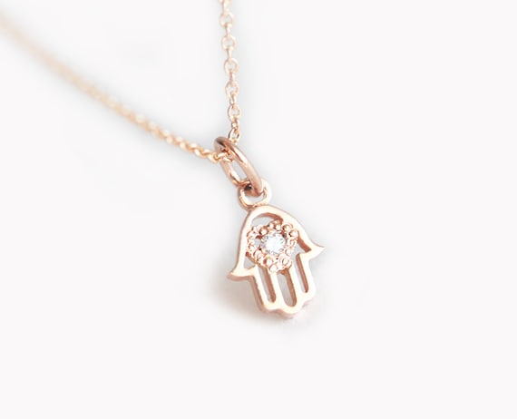 Hamsa Necklace, Solid Gold Necklace With Diamond, Rose Gold Protection Charm, Tiny Hand Necklace