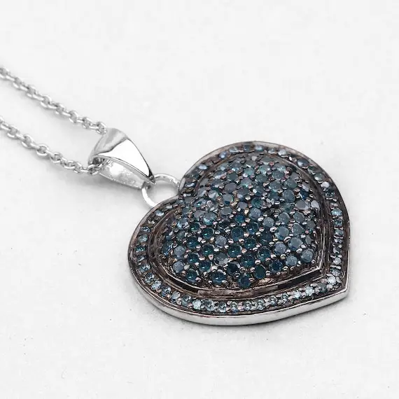 Blue Diamond Pendant, Natural Blue Diamond Cluster Heart Pendant Necklace, Sterling Silver, Bridal Necklace, Diamond Jewelry Ideas For Her