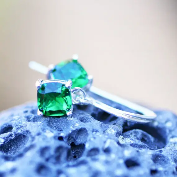 Created Cushion Cut Emerald Earrings Sterling Silver 925 , May Birthstone , 20th Anniversary
