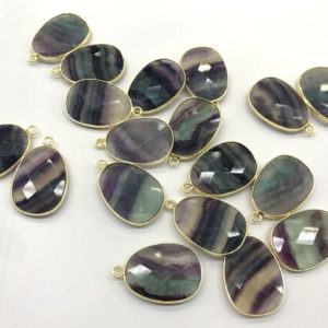 Shop Fluorite Chip & Nugget Beads! Natural Multicolor Fluorite 17x26mm Nuggets Shape Genuine Gemstone Pendant Bead With Goldcopper Plated Side —1 Piece | Natural genuine chip Fluorite beads for beading and jewelry making.  #jewelry #beads #beadedjewelry #diyjewelry #jewelrymaking #beadstore #beading #affiliate #ad