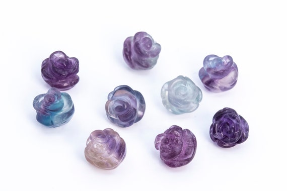 5 Beads Purple Green Fluorite Handcrafted Beads Rose Carved Genuine Natural Flower Gemstone 8mm 10mm 12mm Bulk Lot Options