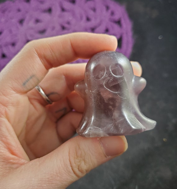 Purple Fluorite Ghost Stones Carved Halloween Spirit Crystal Self Standing Cute Spooky Carving Spoopy