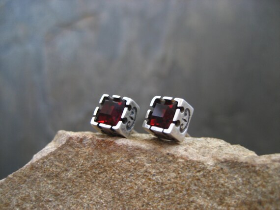 Garnet Square Cube Stud Earrings, Vintage Crystal Stone Set In A Hand Carved Oxidized Sterling Silver Setting