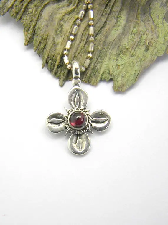Sterling Silver Cross Garnet Pendant  Christening Round Cross Necklace  Ic Xc Ni Ca Engraved At Back, Cross Pendant Religious Gift For Her