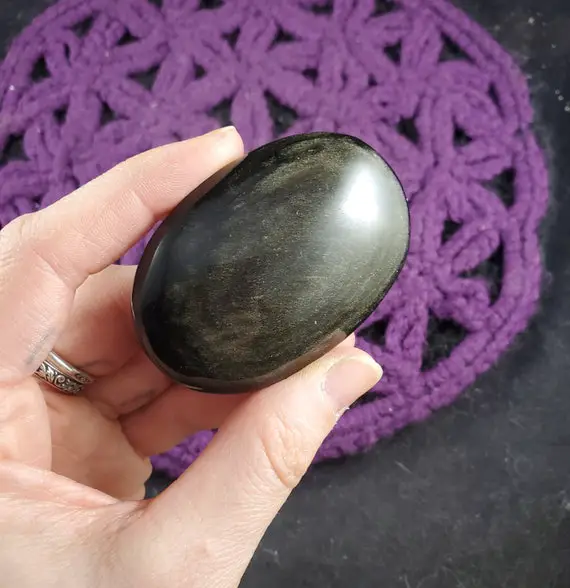 Gold Sheen Obsidian Palmstone Crystal Palm Stone Polished Unique Natural Black Shiny High Quality Mexico