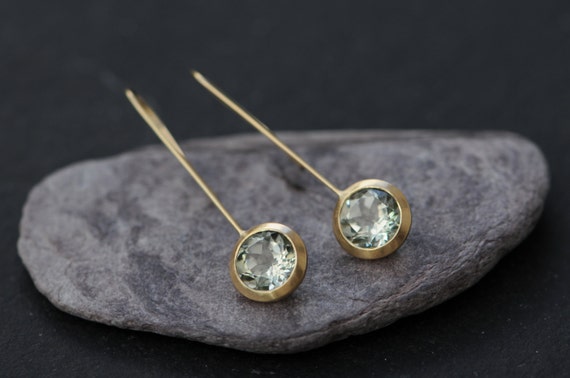 Green Amethyst Dangle Earrings, Green Gemstone Earrings In 18k Gold, Gift For Her
