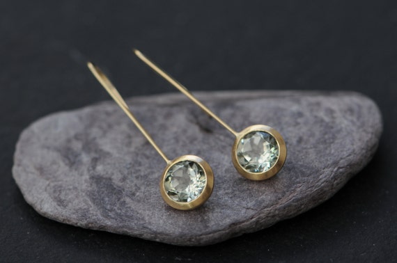 Green Amethyst Dangle Earrings In 18k Gold, Christmas Gift For Her