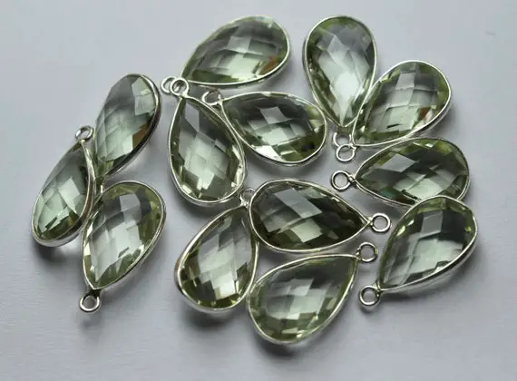 925 Sterling Silver,natural Green Amethyst Faceted Pear Shape Connector,5 Piece Of  16mm App.
