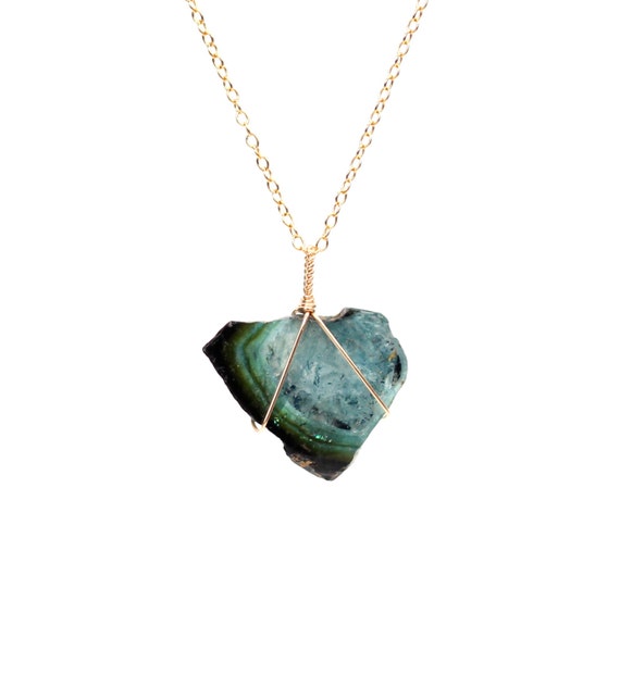 Green Tourmaline Slice Necklace - Raw Tourmaline Necklace - Healing Crystal Necklace - A Wire Wrapped Tourmaline On A 14k Gold Filled Chain