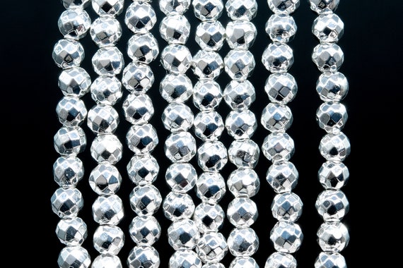 Hematite Gemstone Beads 4mm 18k White Gold Faceted Round Aaa Quality Loose Beads (104149)