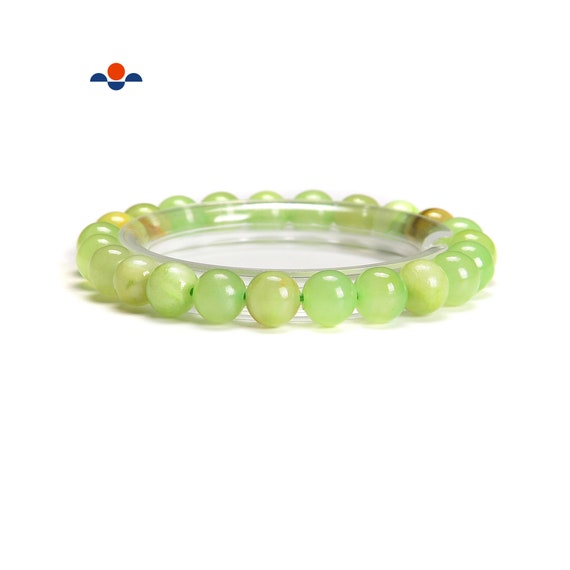 Green Flower Jade Smooth Round Elastic Bracelet Size 4.5mm 8mm 7.5'' Length