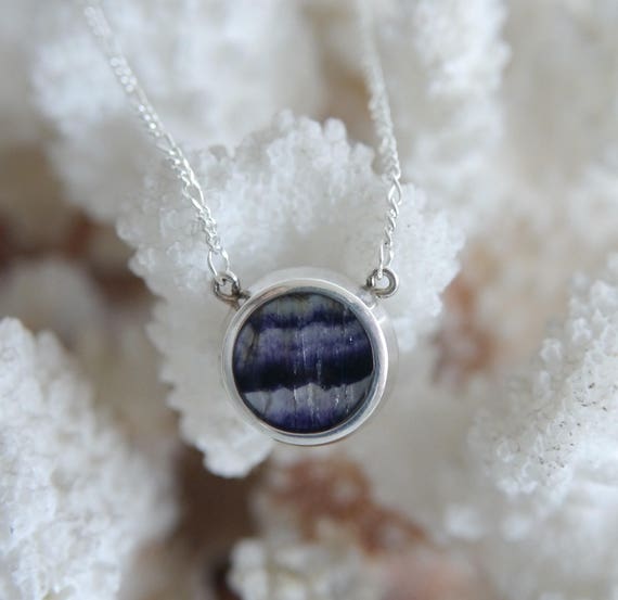 Blue John And Whitby Jet Double Sided Pendant Set On Silver With Chain Included - Sterling Silver - Handmade - Gemstone