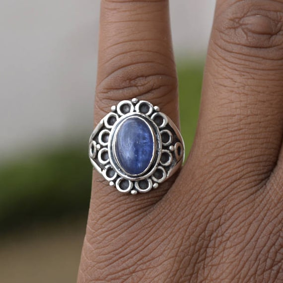 Natural Blue Sky Kyanite Gemstone Ring, Oval Cab Kyanite Ring, 925 Sterling Silver Ring, Designer Kyanite Gift Ring, Bezel Set Kyanite Ring