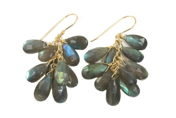 Labradorite  Earrings 14k Solid Gold Or Filled Cluster Style Faceted Teardrop Large Earrings Aaa Blue Green Golden Flash Pear Natural 2 Ihch