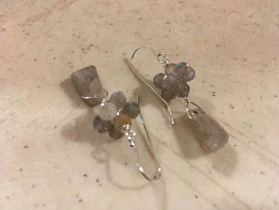 Labradorite Earrings - Gray Gemstone Jewelry - Sterling Silver Jewellery - Iridescent - Grey - Beaded - Pierced - Handmade - Carmal - Gift