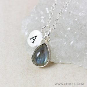 Shop Labradorite Necklaces! Blue Labradorite Teardrop Charm Necklace, Labradorite Layering, Hand Stamped Initial | Natural genuine Labradorite necklaces. Buy crystal jewelry, handmade handcrafted artisan jewelry for women.  Unique handmade gift ideas. #jewelry #beadednecklaces #beadedjewelry #gift #shopping #handmadejewelry #fashion #style #product #necklaces #affiliate #ad
