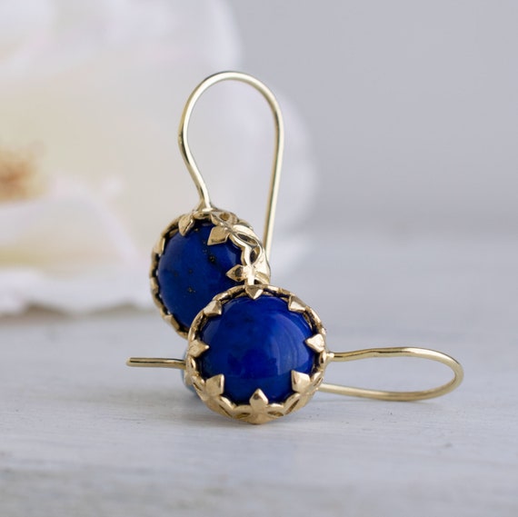 14k Navy Blue Lapis Vintage Earrings, Lapis Lazuli Jewelry, Natural Gemstone Dangle Earrings, Vintage Style Earrings, Earrings For Women