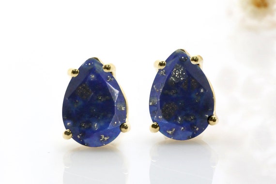 Gold Studs Lapis Earrings · Pear Cut Earrings · Teardrop Post Earrings · 18k Gemstone Earrings · September Birthstone Earrings