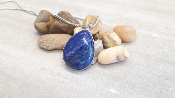 Teardrop Lapis Lazuli Necklace - Genuine Lapis Lazuli Pendant - Lapis Lazuli Jewelry - Oval Pendant - Lapis Chain - Lapis Necklace For Woman