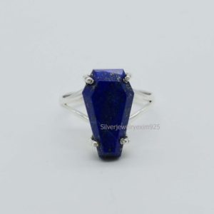Shop Lapis Lazuli Rings! Lapis Lazuli Coffin Ring, 10×17 mm Coffin Blue Lapis Ring, Lapis Lazuli Ring, Coffin Lapis Ring, Blue Lapis Silver Ring, Prong Set Ring | Natural genuine Lapis Lazuli rings, simple unique handcrafted gemstone rings. #rings #jewelry #shopping #gift #handmade #fashion #style #affiliate #ad