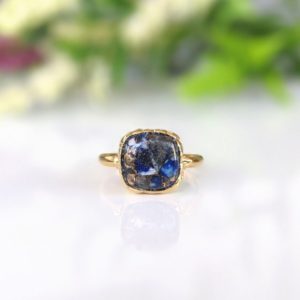 Shop Lapis Lazuli Rings! Lapis Lazuli ring, Statement ring, Cocktail ring, Blue cushion shape gemstone ring, Mohave Copper Lapis Lazuli, Gold Boho ring, Gift for her | Natural genuine Lapis Lazuli rings, simple unique handcrafted gemstone rings. #rings #jewelry #shopping #gift #handmade #fashion #style #affiliate #ad