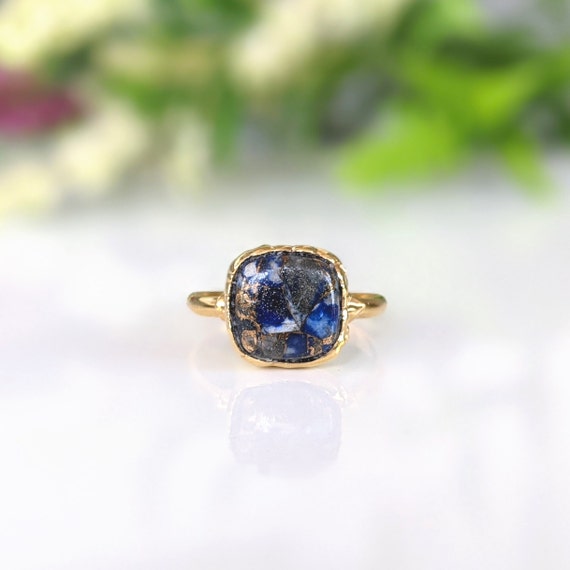 Lapis Lazuli Ring, Statement Ring, Cocktail Ring, Blue Cushion Shape Gemstone Ring, Mohave Copper Lapis Lazuli, Gold Boho Ring, Gift For Her